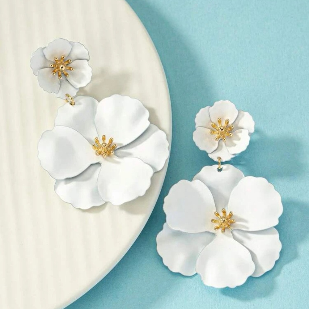 White Flower Clip On Earrings